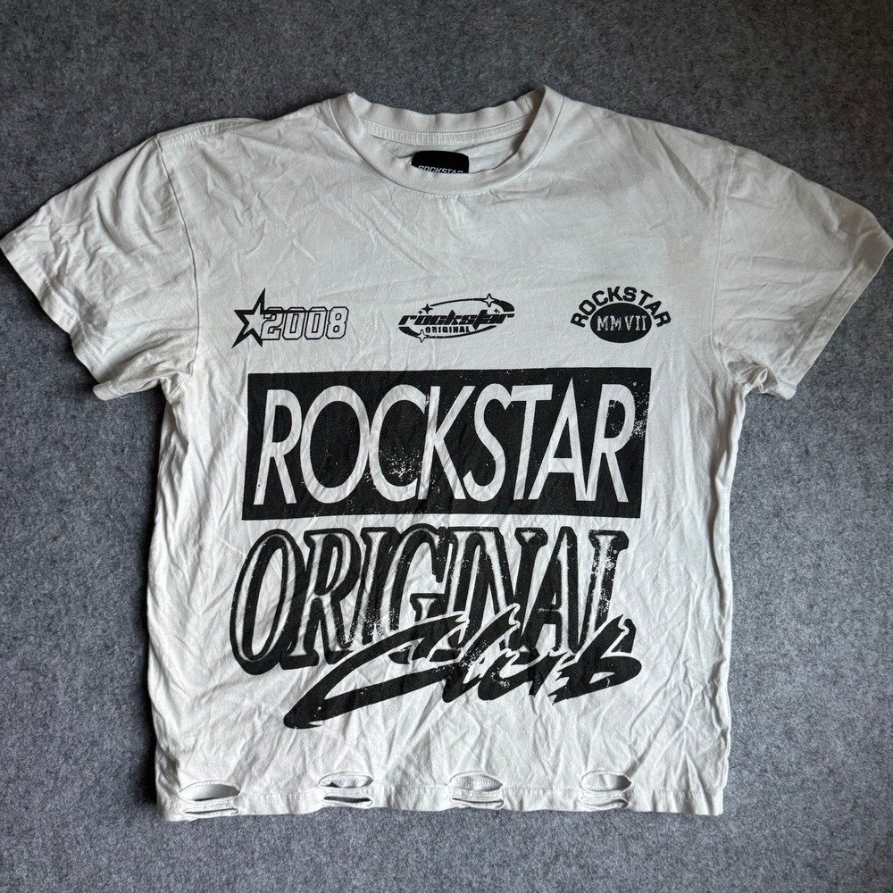 Rockstar Original Men Small White Distressed Hem Streetwear Graphic Club T Shirt